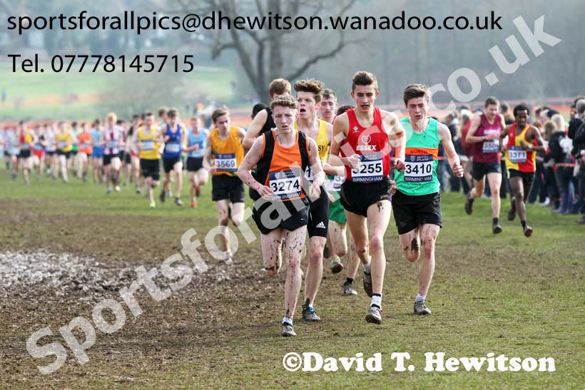 Zak Miller (Greater Manchester) and Jordan Rowe (Essex) lead the under-17 mens Inter Counties Cross Country, Cofton Park, Birmingham. Photo: David T. Hewitson/Sports for All Pics